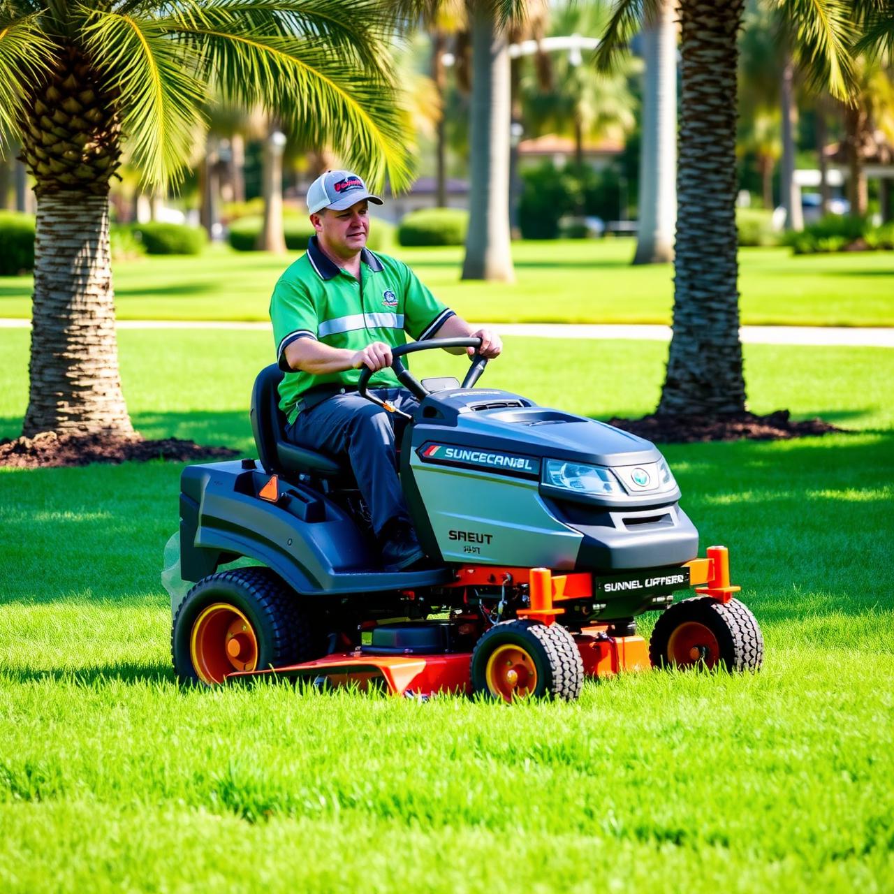Pro-Mow Lawncare crew member mowing a residential lawn in Melbourne Florida