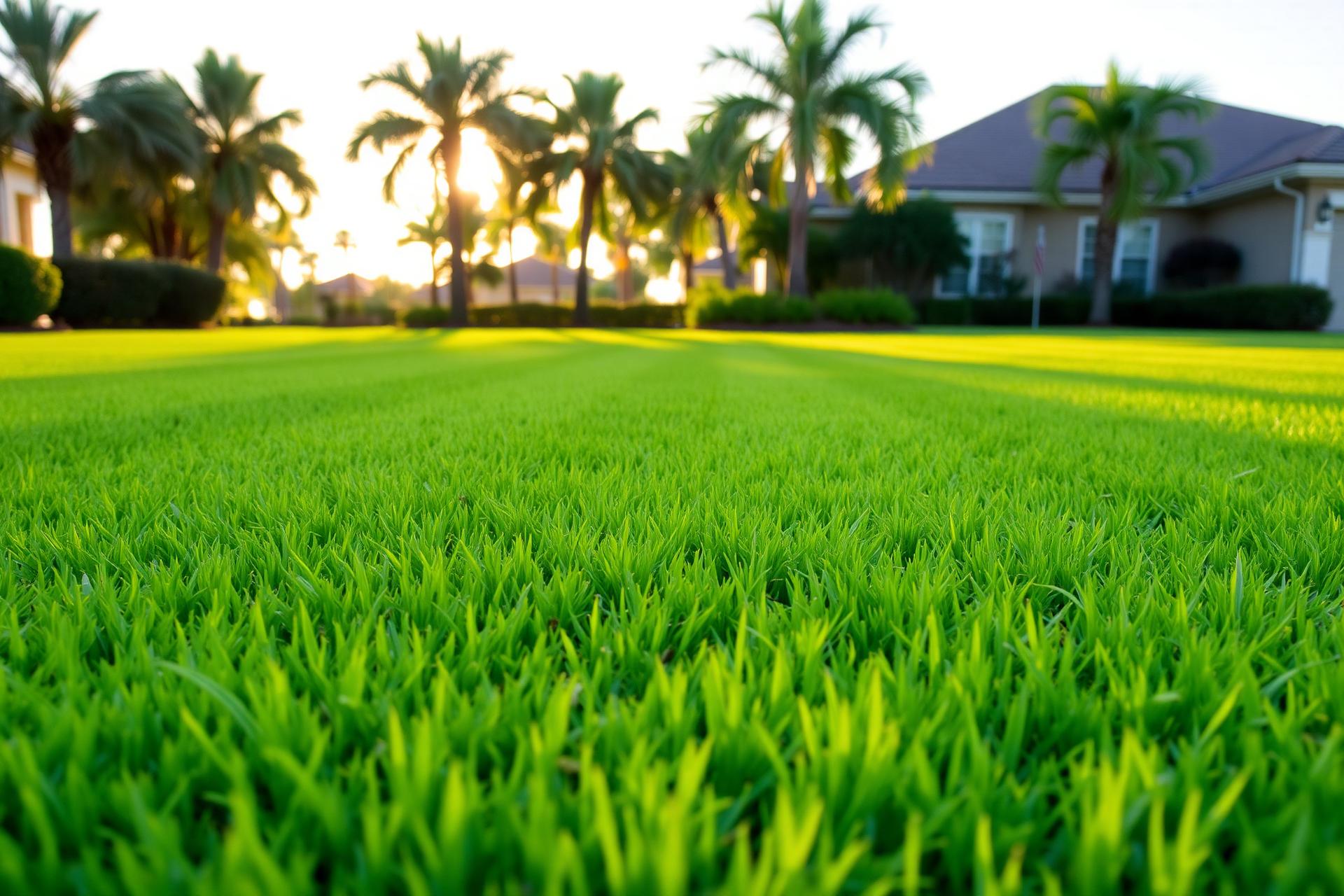 Freshly mowed green lawn in Melbourne Florida - professional lawn care service